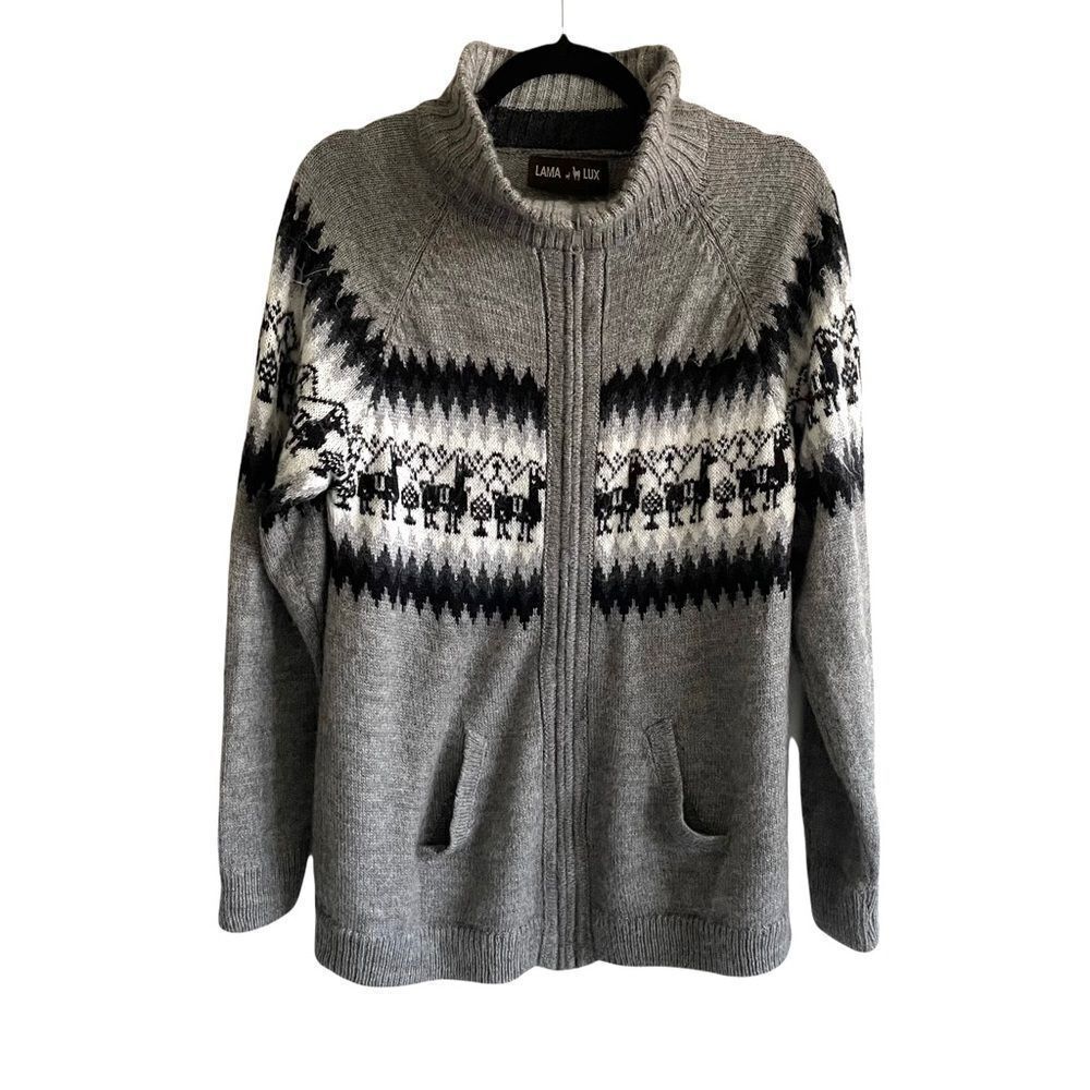 LAMA LUX Peru Wool Cardigan Sweater Jacket Gray Black White Medium